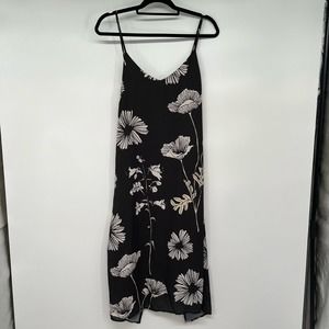 Comune Shafer Dress Women's Size L Black Poppy Print Midi Overlay Tie Back Scoop